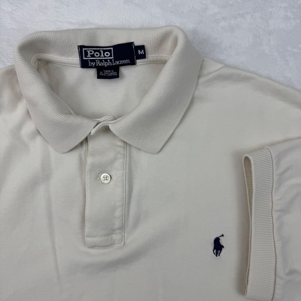 Polo Ralph Lauren Men Medium Cream Short Sleeve Cotton Polo Shirt Navy Pony Logo